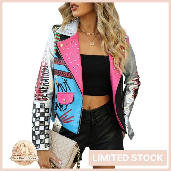 Faux Leather Moto Jacket Studded Floral Y2K Vintage Biker Coat Chic